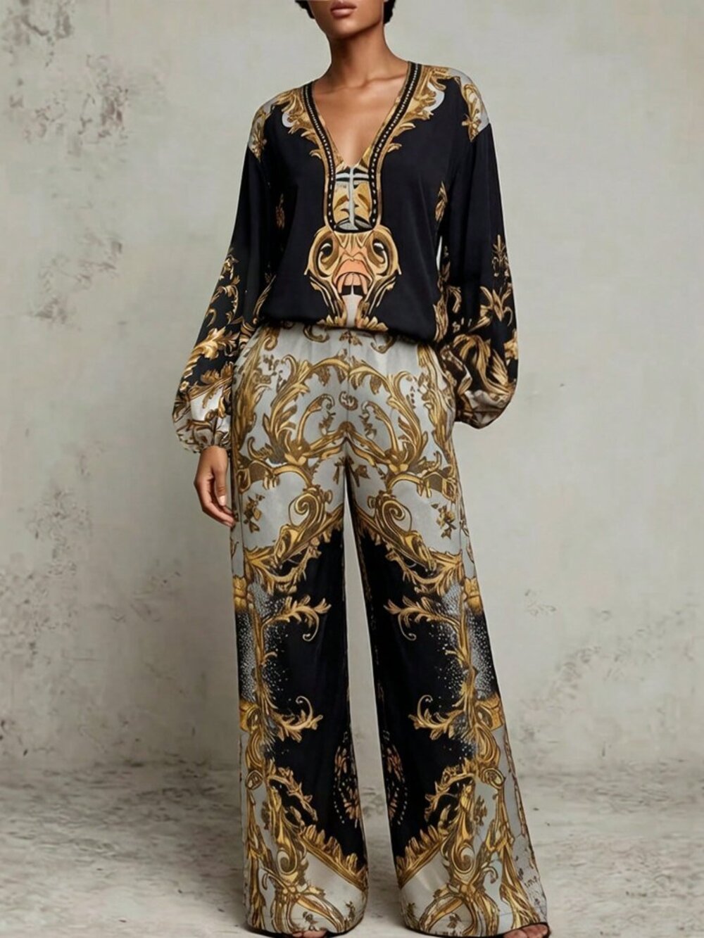 Black Elegant Women's V Neck Pocket Regular Fit Long Sleeve Top And Pants Set - Picture 3 of 5